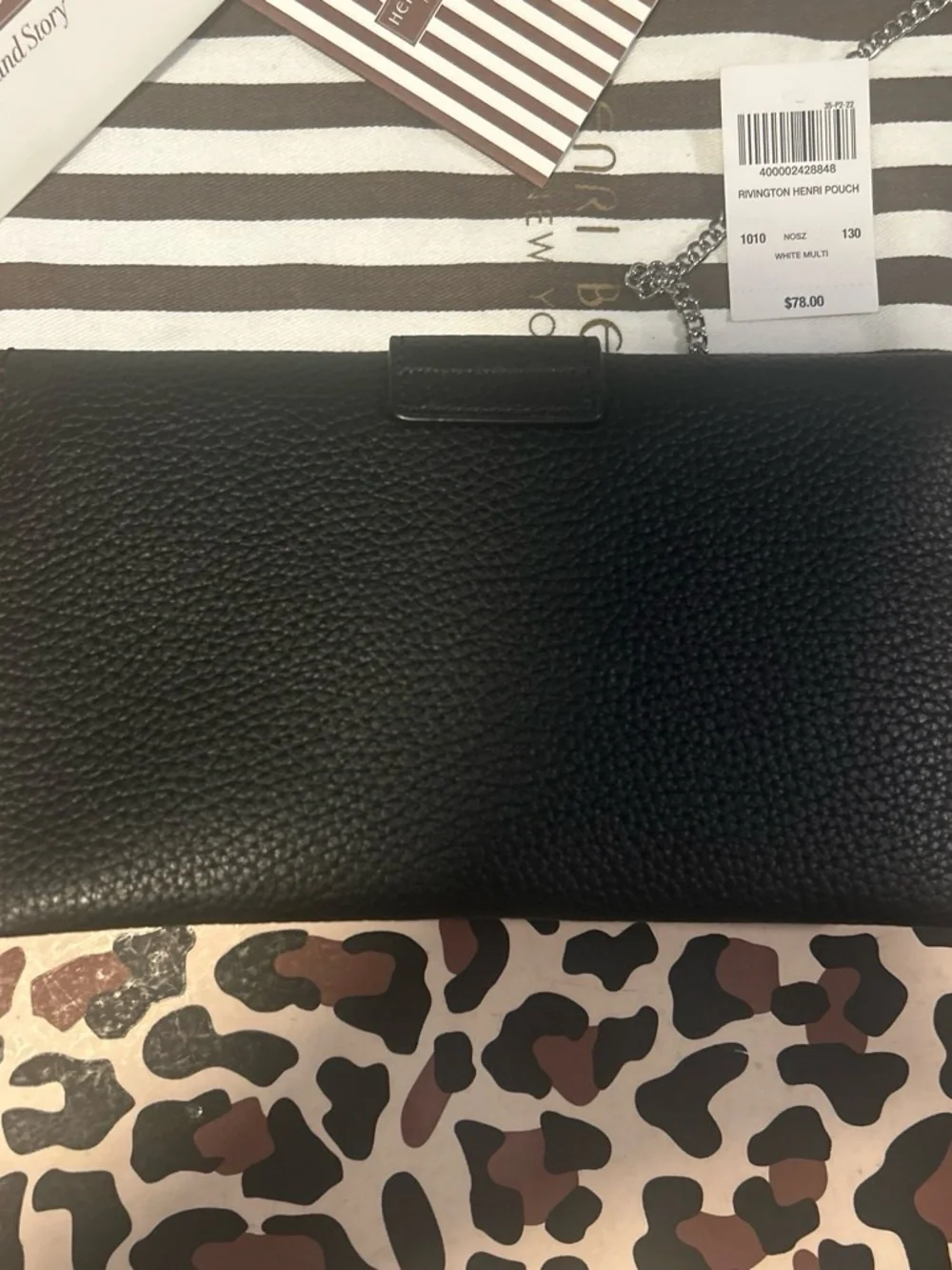 Henri Bendel Black Pebbled Leather Chain Wallet with Silver Hardware